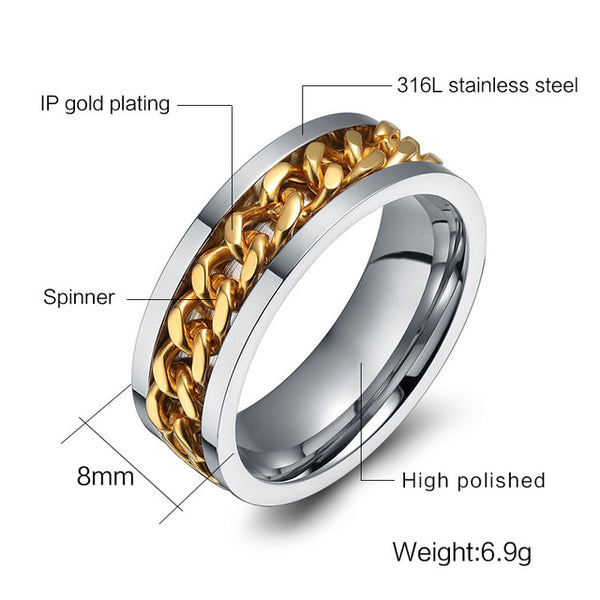 Meaeguet Fashion Men's Ring The Punk Rock Accessories Stainless Steel Black Chain Spinner Rings For Men 3 Color USA Size 6-15