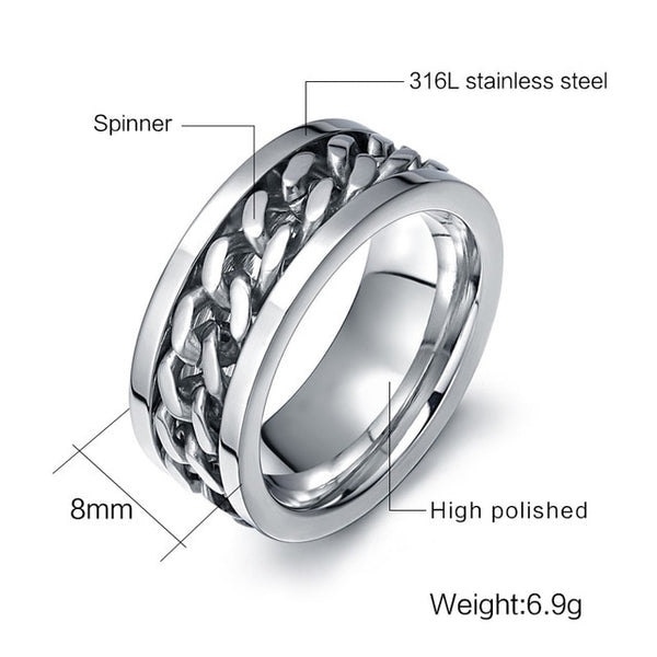Meaeguet Fashion Men's Ring The Punk Rock Accessories Stainless Steel Black Chain Spinner Rings For Men 3 Color USA Size 6-15