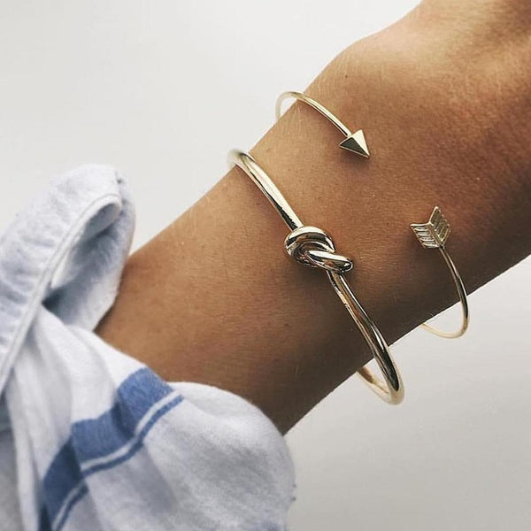 2 Pcs/set Bohemian Retro Bracelet Fashion Minimalist Arrow Knotted Opening Bangle Women's Party Jewelry Accessories