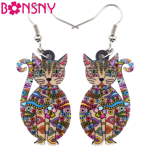 Bonsny Statement Acrylic Floral Cat Kitten Earrings Big Long Drop Dangle Fashion Animal Jewelry For Girls Women Lady Accessories