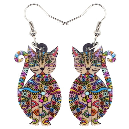 Bonsny Statement Acrylic Floral Cat Kitten Earrings Big Long Drop Dangle Fashion Animal Jewelry For Girls Women Lady Accessories