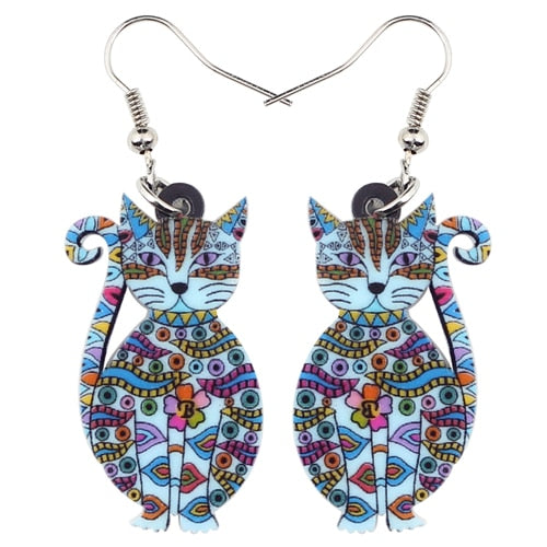 Bonsny Statement Acrylic Floral Cat Kitten Earrings Big Long Drop Dangle Fashion Animal Jewelry For Girls Women Lady Accessories