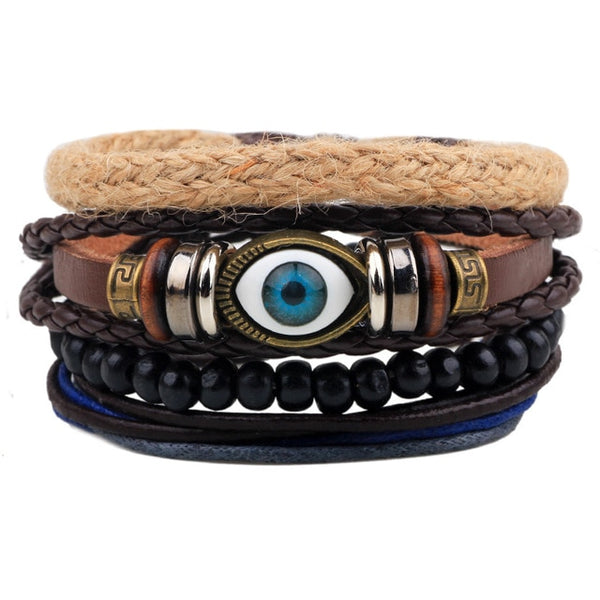 Fashion Weave Punk Vintage Cuff Beads Evil Eye Charm Male Men's Blue Leather Women Bracelets Men Female Jewelry Accessories