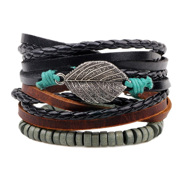 Fashion Weave Punk Vintage Cuff Beads Evil Eye Charm Male Men's Blue Leather Women Bracelets Men Female Jewelry Accessories